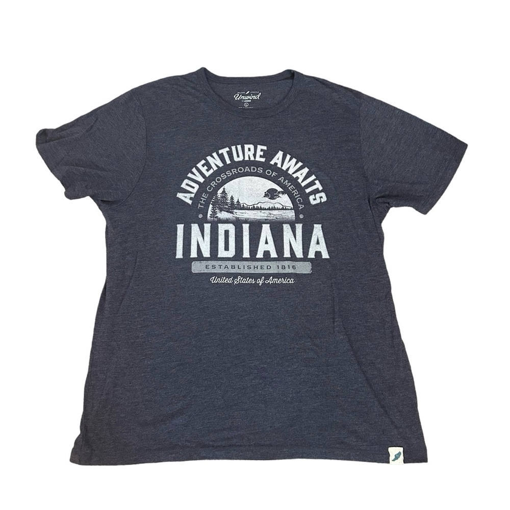 ❤️Unwind by League Men’s Graphic T-shirt Heathered Navy Indiana Travel Sz Large